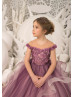 Beaded Purple Tulle Floor Length Horsehair Hem Flower Girl Dress